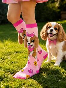 1 par de calcetines creativos hasta la rodilla para niñas, estampado de dibujos animados rosa con orejas de perro 3D de felpa, regalo de cumpleaños, uso casual - Multicolor - Ver 5