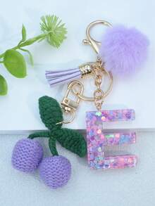 1 buah Gantungan Kunci Huruf Inggris Resin Bermotif Langit Berbintang dengan Hiasan Rumbai dan Bola Bulu Hitam, Liontin Hati, Hadiah untuk Teman dan Ibu - Mauve Purple - View 6