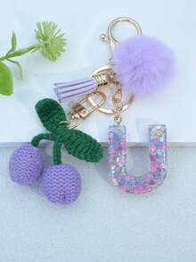 1 buah Gantungan Kunci Huruf Inggris Resin Bermotif Langit Berbintang dengan Hiasan Rumbai dan Bola Bulu Hitam, Liontin Hati, Hadiah untuk Teman dan Ibu - Mauve Purple - View 14