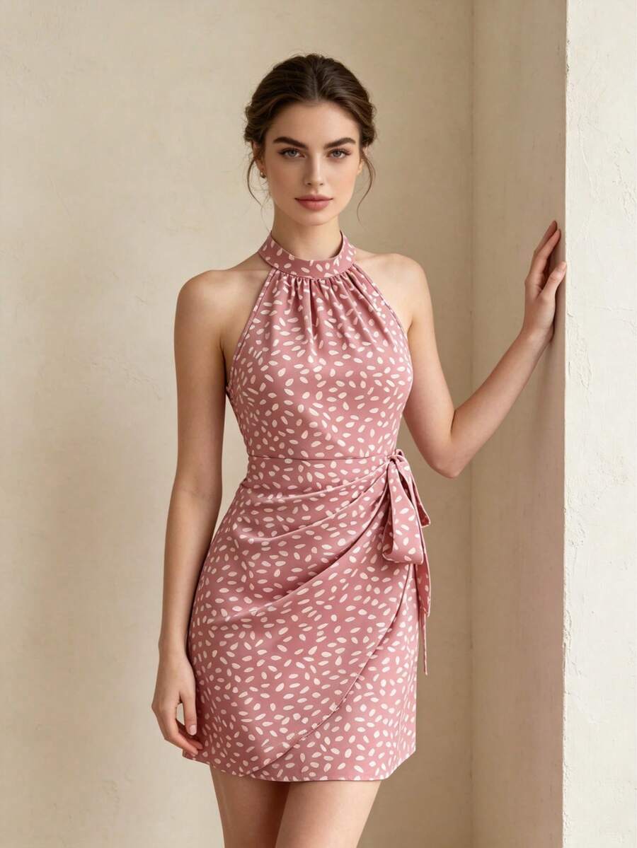 ELYRADIA Gaun Pendek Bodycon Tanpa Punggung Motif Polkadot Merah Muda Musim Panas untuk Wanita, Gaun Mini Pesta Klub Elegan dengan Simpul Samping dan Detail Kerut di Bagian Bawah. - Berwarna merah muda - View 1