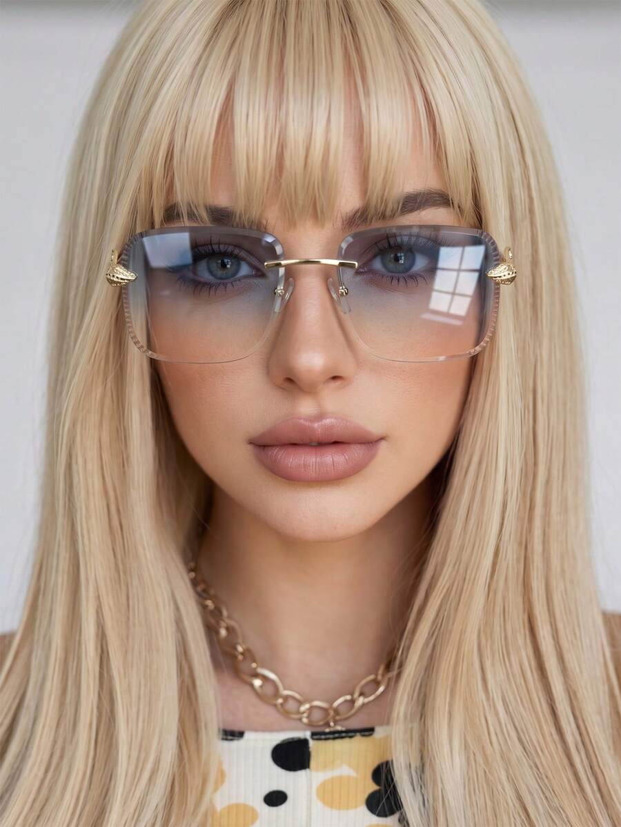 1 Pair Women's Gradient Square Rimless Snake Metal Temple Retro Street Style Fashion Glasses - Blue and Yellow - View 1