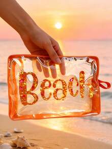 彩色透明化妝包 文具收納袋 印有亮片字母 BEACH，防水透明旅行盥洗包附拉鍊，便攜式化妝收納包，適合女性，可收納化妝品、盥洗用品與旅行必需品，適用於日常使用、度假、出差、健身、海灘，適合學生、旅行者與化妝愛好者，夏季假期、生日與伴娘禮物、開學禮物首選 - 彩色 - 查看 3