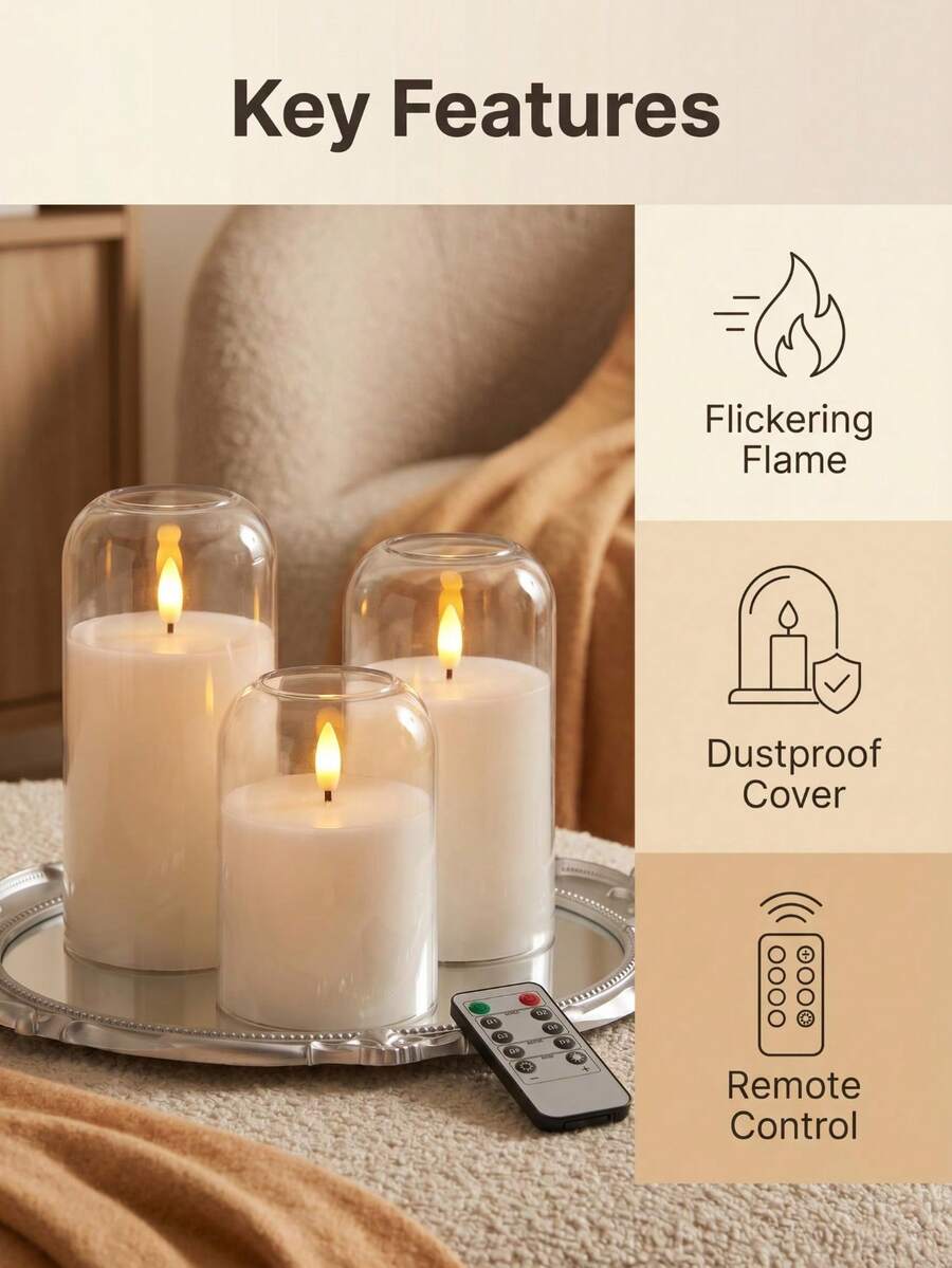 3 piezas de velas acrílicas transparentes sin llama, operadas por batería con control remoto y temporizador, velas de pilar LED realistas, llama parpadeante, brillo blanco puro, efecto de desvanecimiento, adecuadas para decoración del hogar y bodas - Blanco - Ver 1