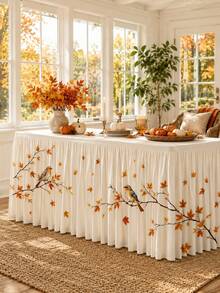 1pc Cream Autumn Bird Table Skirt, Farmhouse Style Polyester Rectangular Pleated Tablecloth Skirt, Maple Leaf Print, Decorative Buffet Dessert Tablecloth, Suitable For Thanksgiving Dinner, Autumn Wedding, Birthday Party And Home Decor - Multicolor - View 7