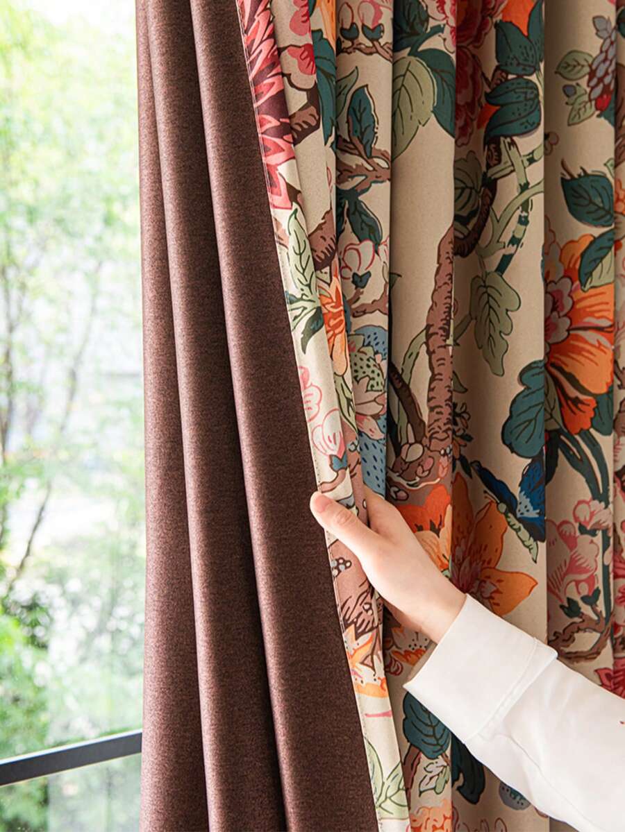 1pc Vintage Floral Print Blackout Curtain, Bohemian Plant & Butterfly Pattern, Thermal Insulated & Light Blocking, Suitable For Living Room And Bedroom - Multicolor - View 1