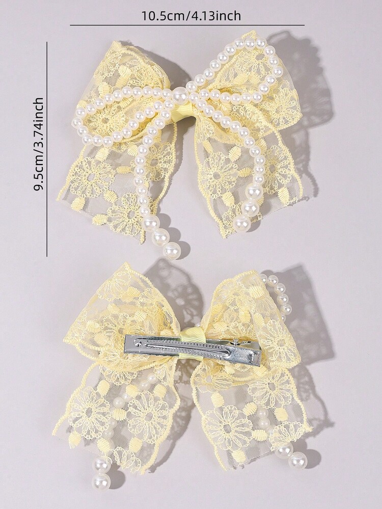 2件組女孩蕾絲髮蝴蝶結 黃色刺繡花朵髮夾 夏季優雅婚禮派對髮飾 精靈珍珠髮夾 青少年髮飾 - 黃色 - 查看 6