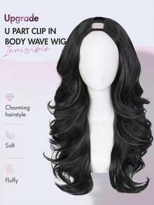 22 Inch Women's U-Shaped Layered Curly Synthetic Fiber Heat Resistant Clip-In Half Wig, Suitable For Daily, Party, Vacation, Available In Black/Golden/Brown Highlights - Black - View 2