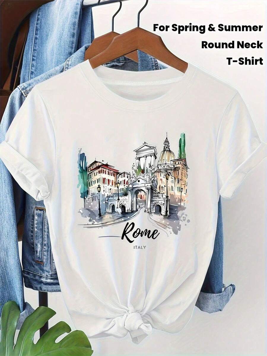 Y2K Women's Casual Summer T-Shirt. Short-Sleeved Crew Neck T-Shirt For Spring And Summer, Featuring A Watercolor Illustration Of Iconic Buildings From Rome, Italy. - 白色 - 查看 1