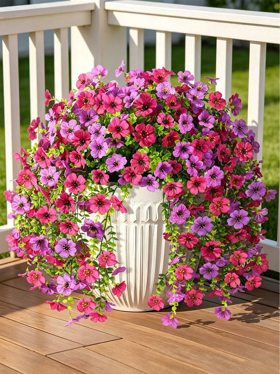 4 Stücke künstliche hängende Blumen für den Außenbereich, UV-beständige künstliche Pflanzen für Frühling und Sommer Dekoration, sehen echt aus, künstliche lila und rote Blumen für Außenpflanzgefäße, Veranda, Terrasse Dekoration, ideal für Raumdekoration, Hochzeitszubehör, Feiertagsparty, Garten, Heimdekoration - Verschiedenfarbig - Übersicht 1