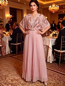 Charming Blush Pink V-Neck Maxi Dress, Half Sleeve Sequin Decorated Bodice, Flowy Pleated Skirt, Suitable For Formal Occasions - Pink - View 3