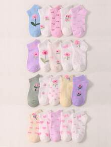 20 Pairs Girls Pink Floral Short Socks, Sweet Casual Style, Suitable For Daily School Wear, Super Great Socks, Girls Back To School, Clean Girl Aesthetic - Multicolor - View 6