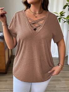 Talla Grande - Talla Grande - Camiseta Casual de Color Sólido con Cuello en V Cruzado y Mangas Cortas para Verano - Bronce - Ver 5