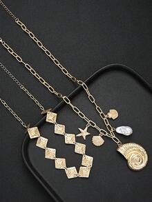 Juego de 3 collares colgantes de varias capas con cuentas de colores, perlas falsas, estrella de mar, concha y caracol en dorado, estilo bohemio minimalista de moda para mujer, para verano, playa, vacaciones, citas, fiestas, regalo para novia, esposa, mamá, amiga, regalo de cumpleaños y uso diario versátil - Multicolor - Ver 2