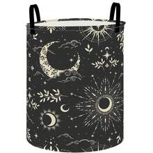 1pc Celestial Sun Moon Star Print Foldable Laundry Basket, Bohemian Style Round Storage Basket With Handle, Multi-Functional Foldable Clothes & Sundries Storage Basket, Bedroom Home Decor - View 6