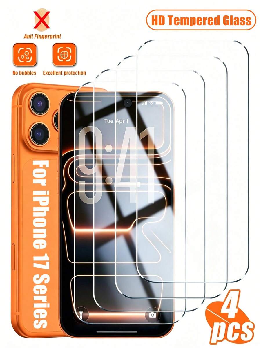 4片裝高清晰強化玻璃螢幕保護貼，相容 iPhone 11/12/13/14 Pro Max/15 Pro Max/16/16 Pro/16 Plus/16 Pro Max/16/17/17 Pro/17 Pro Max，9H 硬度，透明、防刮、防震、防水、防指紋，全螢幕覆蓋
