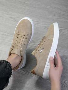 36-45 Unisex Lace-Up Casual Men's Sports Shoes, Highly Attractive Fashion White Sneakers, Versatile Soft Sole Student Skate Shoes, Couple Shoes 36-45 - Khaki - View 6