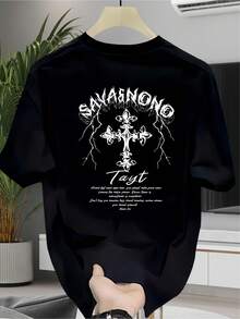 Camiseta de Hombre de Algodón 100% de 220 g/m² - Azul Marino con Estampado Trasero Inspirado en Tatuajes, Estilo Coreano K-Drama, Corte Holgado, Uso Diario Casual, Camiseta de Estilo Coreano - Negro - Ver 1