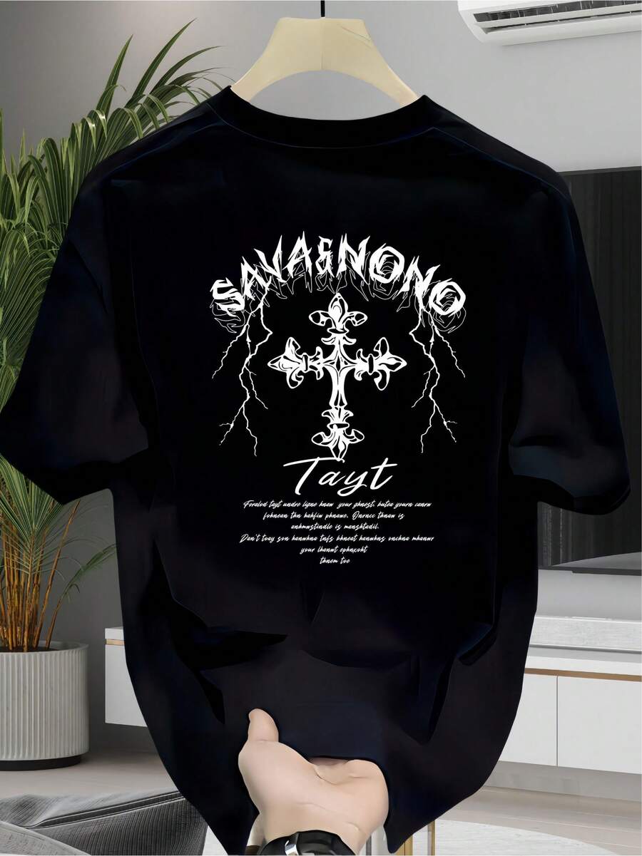 Camiseta de Hombre de Algodón 100% de 220 g/m² - Azul Marino con Estampado Trasero Inspirado en Tatuajes, Estilo Coreano K-Drama, Corte Holgado, Uso Diario Casual, Camiseta de Estilo Coreano - Negro - Ver 1