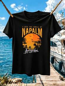 Herren-T-Shirt Mit GrafikprI Nt ?Sonnenuntergangspalme", FrühlI Ng, PR E Mium-Baumwolle, Bequeme Passform, Atmungsaktiv, Street-Hip-Hop-Stil, Kunstdruck - Black - View 1