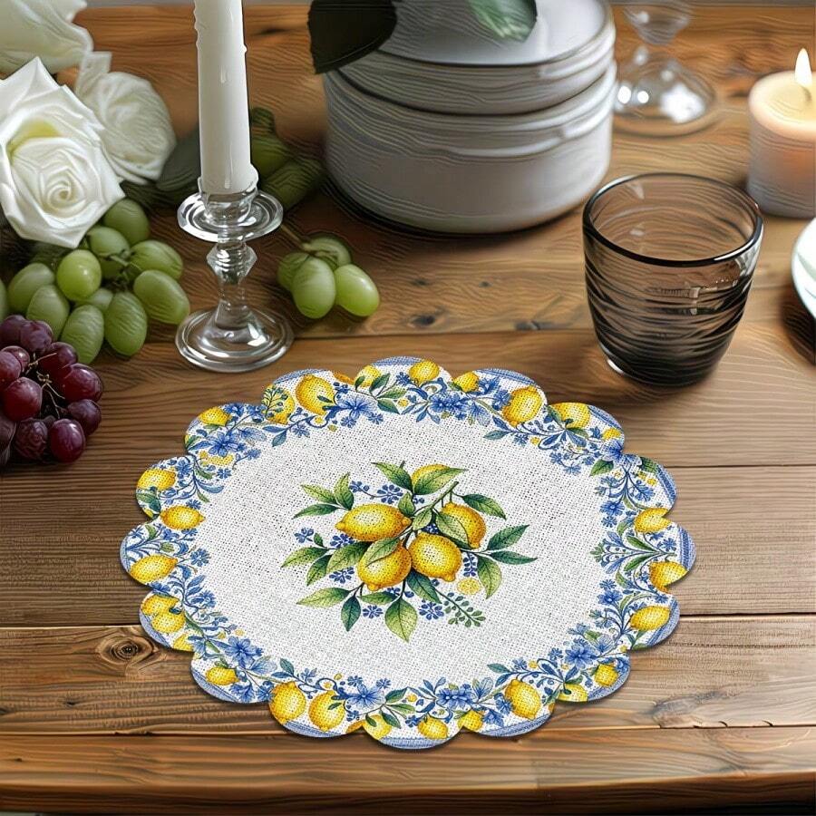 1/2/4/6/8/300PCS 36cm Wavy Round Placemats, 2 Blue Porcelain Lemon Designs. 100% Woven Polyester, Washable, Heat & Waterproof, For Kitchen Table Decor.