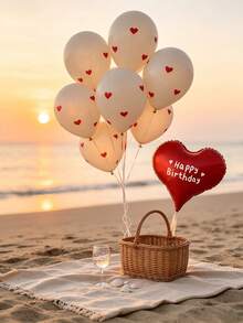 Red Heart-Shaped Balloons Paired With Latex Balloons, Valentine's Day Decorations, Romantic Decorations For Special Nights, Birthday Decorations, Wedding Decorations, Anniversary Decorations, Proposal And Engagement Decorations, Atmosphere Setup, Party Decorations. - Red Heart-shaped Stickers and Sand-white Latex Balloons - View 7