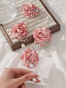 1pc/4pcs Unisex Pink Rose Glitter Brooch, Vintage Elegant Corsage Pin For Parents, Groom And Bride, Wedding Decor, Evening Party, Ball, Party, Event, Cocktail Party, Gathering Accessory - Pink - View 3