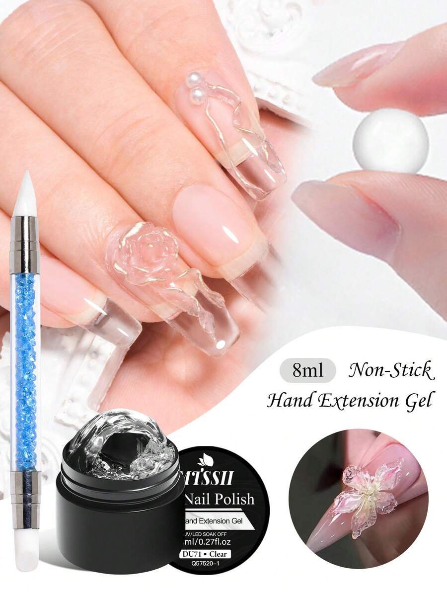 Mtssii 1件 8ml 透明不黏手延長凝膠指甲油，附雙頭矽膠筆，適用3D造型、美甲實色奶白色果凍硬膠，適合假指甲雕花美甲、壓克力凝膠釉、固態建構膠，居家與沙龍皆易操作