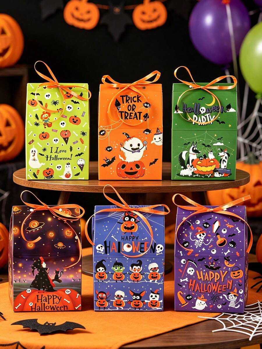 12pcs Halloween Gift Boxes With Ribbon, Pumpkin, Ghost, Bat Pattern, House Shaped Gift Boxes, Candy Boxes, Chocolate Boxes, Halloween Gift Packaging Supplies, Trick Or Treat Gift Boxes, Halloween Party Small Gift Boxes, Halloween Decoration, Halloween Party Supplies, Happy Halloween Party Decoration, Halloween Gifts, Party Small Gifts