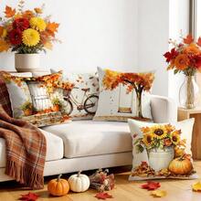 4 Stück Landhausstil Herbstthema Muster Kissenbezüge ohne Füllung, einseitig bedruckte Kissenbezüge, geeignet für Wohnzimmer, Schlafzimmer, Heimdekoration, Ganzjahres-Kissenbezüge - Verschiedenfarbig - Übersicht 2