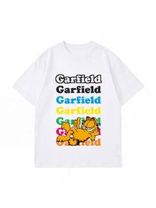 SHEIN | Garfield 女款復古像素卡通與多色字母印花圓領T恤，休閒寬鬆街頭風短袖上衣，夏季日常穿搭 - 白色 - 查看 4