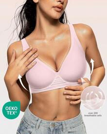 Sujetador sin costuras para mujer, sujetador inalámbrico con escote en V profundo, sujetador push-up sin aros, bustier acolchado, sujetador cómodo tipo camiseta, sujetador suave para dormir. - Rosa - Ver 6