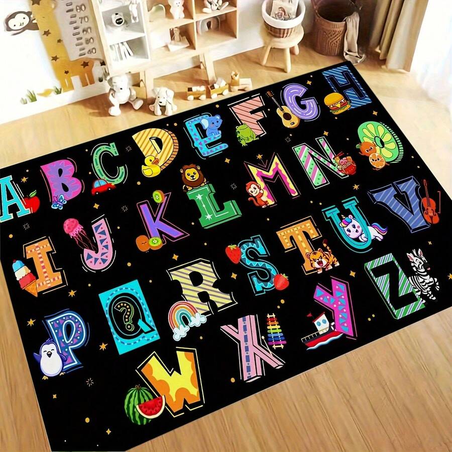 Children's Rug With Fun 3D Dinosaur And English Letter Pattern, Allows Kids To Learn Letters While Playing, Combines Early Education Function. Machine Washable, Easy Daily Maintenance. Soft And Durable Fabric, Suitable For Bedroom, Living Room, Hallway, Coffee Table Area, Porch And Other Indoor/Outdoor Scenarios - Multicolor - View 1
