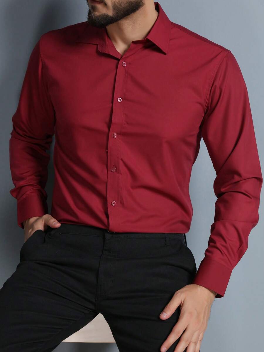 Men's Long-Sleeved Slim Fit Dress Shirt In Microfiber Fabric - Redwood - View 1