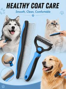 Pet Grooming Comb, Stainless Steel Undercoat Rake And Detangling Comb, Suitable For Cats And Dogs, Ergonomic Deshedding Tool, Removes Loose Hair, Mats And Knots, Summer Hair Care Essential - Multicolor - View 3