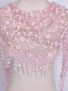 1pc Women's Fashion Floral Lace 40*130 Triangle Scarf, Tassel Lightweight Breathable Headscarf/Shawl - Pink - View 5