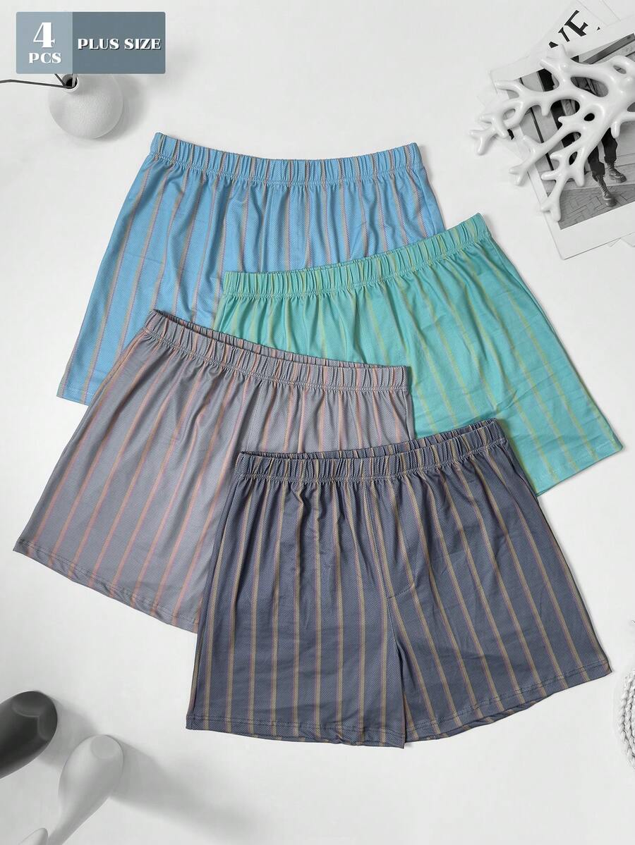 4pcs Men's Striped Print Pattern Plus Size Alro Pants Summer Thin Breathable Casual Comfortable Home Sleep Shorts Elastic Loose Fit Multi-Color Combination Set - Multicolor - View 1