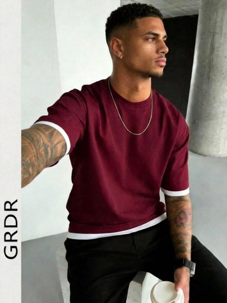 GRDR Men's Summer Classic 2 In 1 Crew Neck Short Sleeve T-Shirt, Fashionable Minimalist Commuter Versatile - Burgundy - View 1