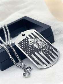 American Flag Dog Tag Necklace For Men, Stainless Steel Patriotic Pendant With Box Chain, Military Style Jewelry - Silver - View 1