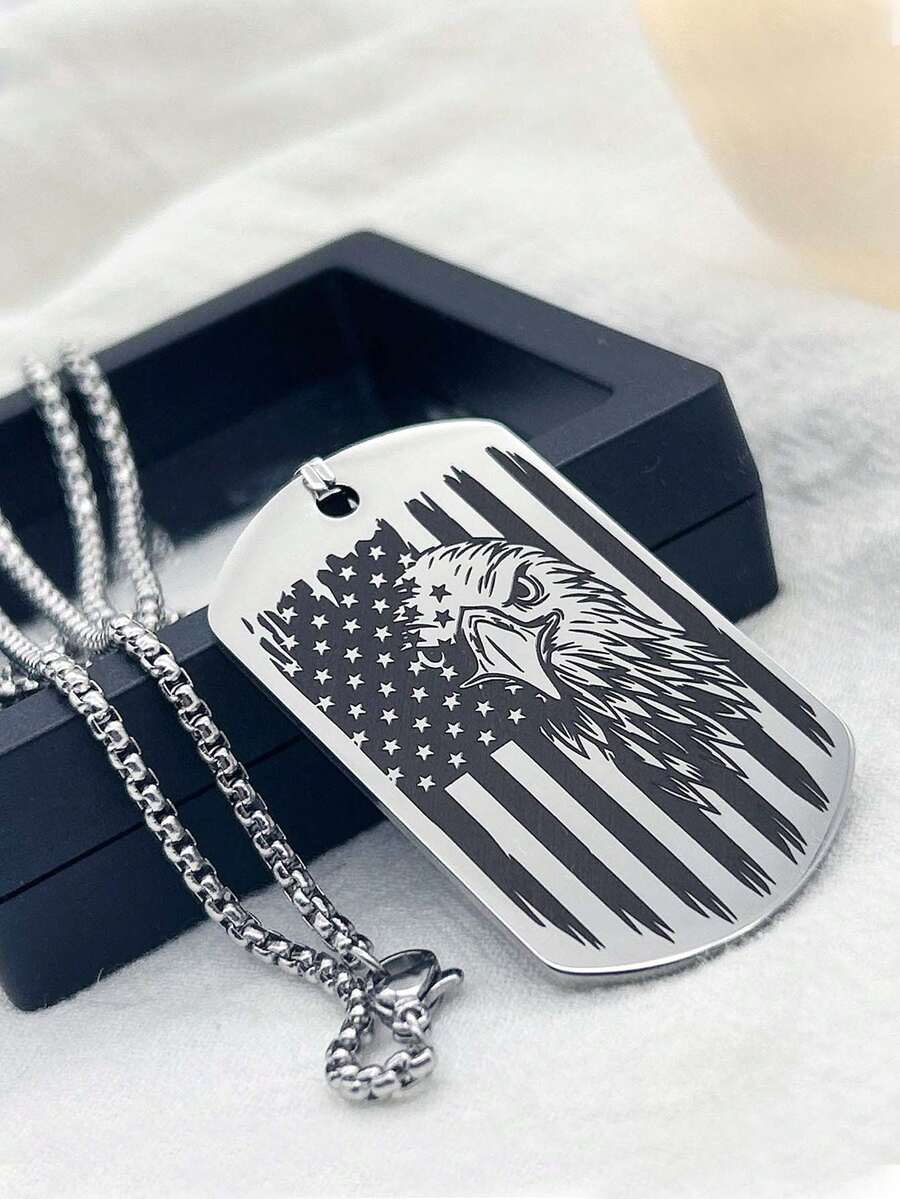 American Flag Dog Tag Necklace For Men, Stainless Steel Patriotic Pendant With Box Chain, Military Style Jewelry - Silver - View 1