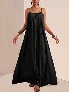 Vestido largo verde para mujer, con tirantes finos y escote cuadrado, estilo holgado casual - Negro - Ver 1