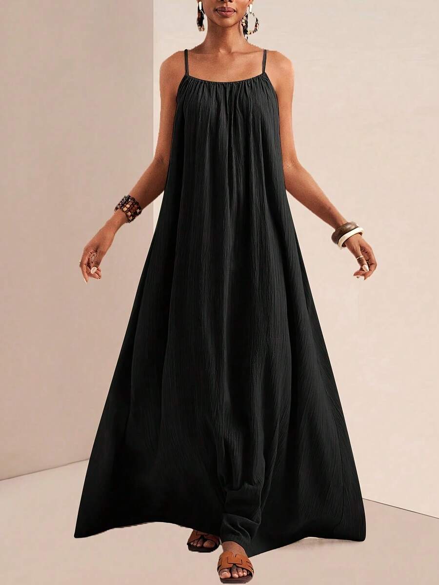 Vestido largo verde para mujer, con tirantes finos y escote cuadrado, estilo holgado casual - Negro - Ver 1