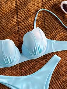 Bikinx Conjunto de bikini de mujer con copa en forma de concha de unicolor, tirantes finos y lazo en la espalda, adecuado para vacaciones en la playa en verano - Celeste - Ver 2