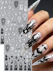 2 Bögen Halloween Gothic Nagelkunst Aufkleber Nagel Dekorationen, weißer Geist, schwarze Fledermaus, Spinne & Spinnennetz, orangefarbene Flamme, schwarze Sterne, Grabstein Muster Nagel Dekorationen, DIY Maniküre Zubehör für Frauen Mädchen, Nagelstudio & Heim Nagel Design - Schwarz und Weiss - Übersicht 2