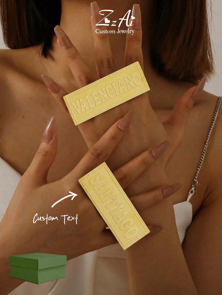 [ZzAi Custom]1pc Customized Two-Finger Or Single-Finger Women's Name Ring, Men's Personalized Name Ring, 18K Gold Double Ring, Personalized Gift, Birthday Gift, Personalized Custom Fashion Ring, Fashion Style, Family Style - Nameplate Ring - View 1