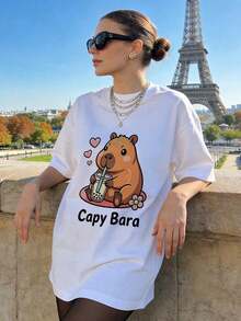 Summer casual soft cotton printed crew neck short-sleeve top with retro European street Y2K style. - Weiss - Übersicht 1