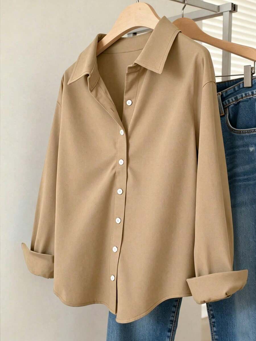 Simple, Solid-Color Women's Everyday Button-Down Shirt - Brown - View 1