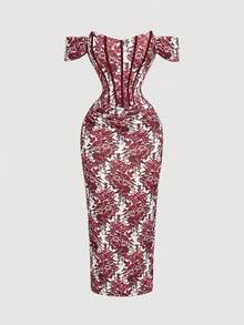 Vestido ajustado con hombros descubiertos, fruncido y estampado floral para mujer - Burdeos - Ver 1