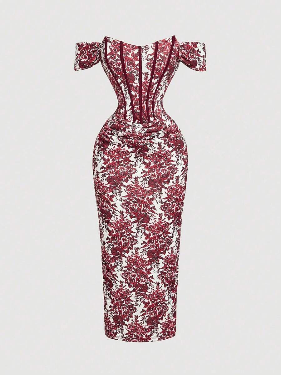 Vestido ajustado con hombros descubiertos, fruncido y estampado floral para mujer - Burdeos - Ver 1