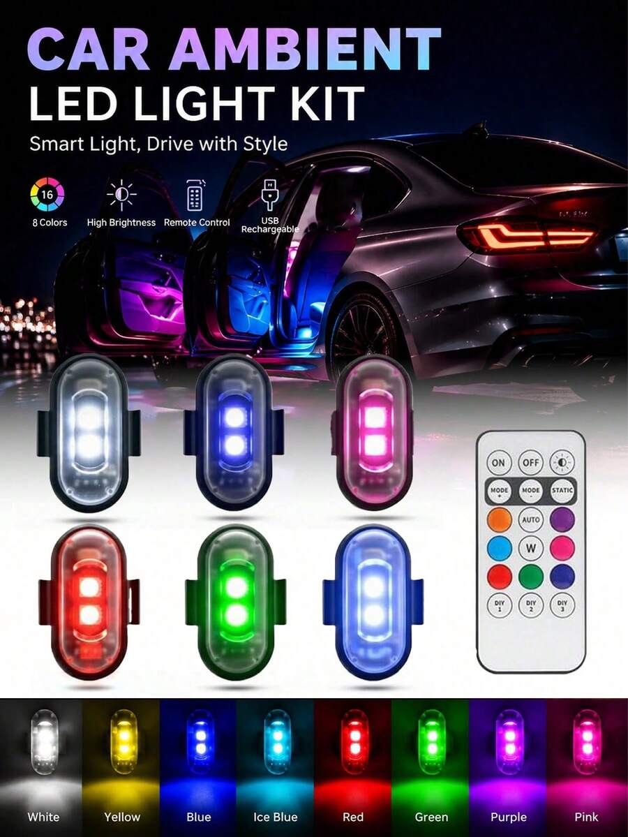 1/2/4/6件組 LED 閃光燈 附遙控器，8色10模式，USB充電，LED緊急警示燈/摩托車燈/LED閃光定位無線燈，適用於汽車/單車/無人機/卡車/RC飛機