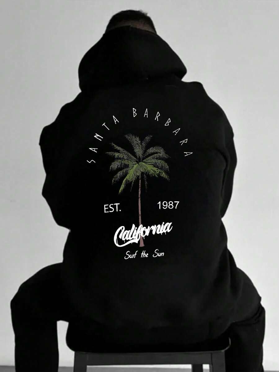 Men's Hoodie With Adjustable Drawstring, Casual Urban Style, Coconut Print, New Fashion 2026, Back To School, Autumn/Winter, Long Sleeve - 黑色 - 查看 1